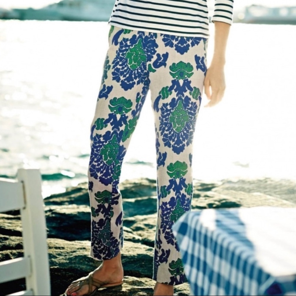 SOLD-Boden Blue & Green Damask Printed Cream Cropped Linen Pants - Picture 2 of 9